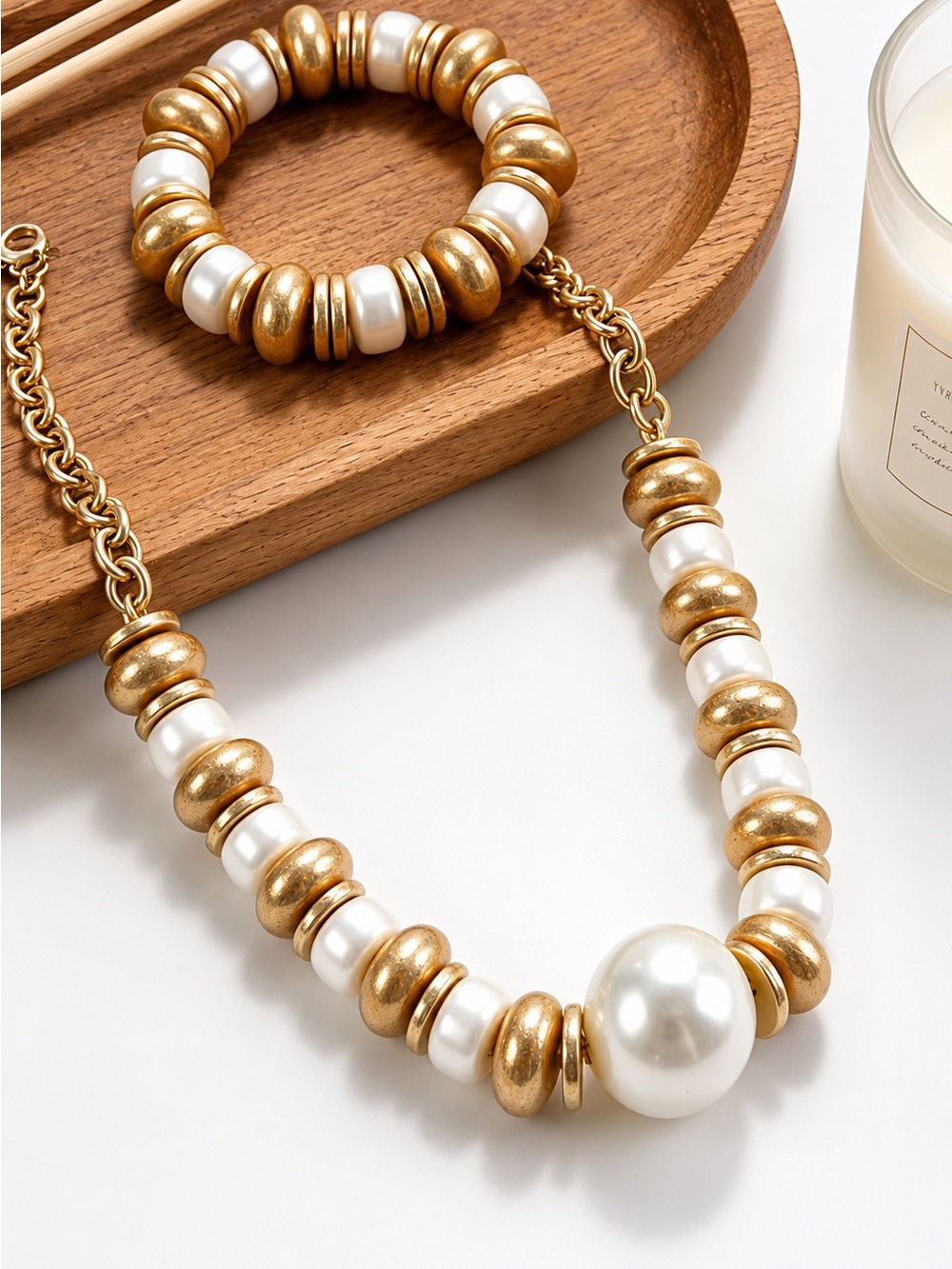 Gold and White Pearl accent Bead Necklace with Matching Bracelet - Picture 5 of 7